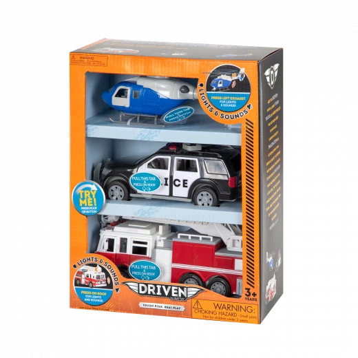 Driven, Micro Rescue Fleet Emergency Vehicle Toy Set Fire Truck Police SUV Helicopter with Lights and Sounds Kids Rescue Vehicles Playset Age 3+ Driven, Micro Rescue Fleet Emergency Vehicle Toy Set Fire Truck Police SUV Helicopter with Lights and Sounds Kids Rescue Vehicles Playset Age 3+