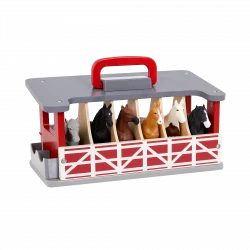 TERRA, Carry and Go Horse Stable Wooden Playset with 6 Horse Figurines Friesian Percheron Arabian Mare Spotted Saddle Akhal-Teke Shire Portable Stable Toy for Kids 3+