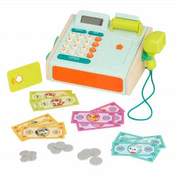B. Toys, Toy Cash Register Mini Cashier Playset for Kids 3 Years and Up with Scanner Calculator Credit Card Coins Bills Sound Effects and Light-Up Star Educational Role-Play