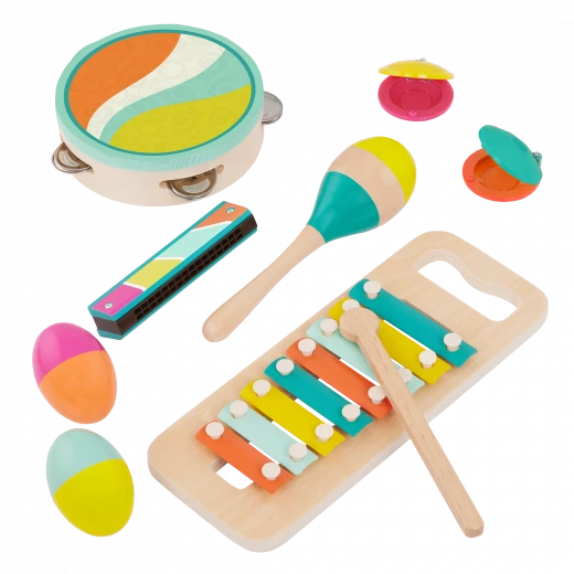 B. Toys, Make A Melody Wooden Musical Instrument Set For Kids 2 Years Plus 9 Piece Educational Music Toys With Xylophone Tambourine Harmonica Maraca And Storage Bag B. Toys, Make A Melody Wooden Musical Instrument Set For Kids 2 Years Plus 9 Piece Educational Music Toys With Xylophone Tambourine Harmonica Maraca And Storage Bag