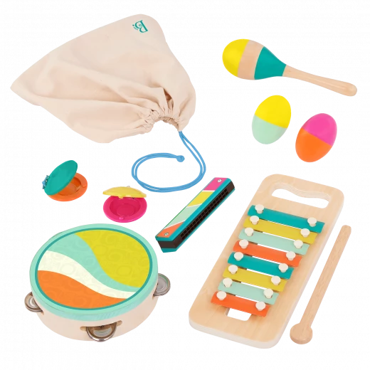 B. Toys, Make A Melody Wooden Musical Instrument Set For Kids 2 Years Plus 9 Piece Educational Music Toys With Xylophone Tambourine Harmonica Maraca And Storage Bag - B. toys - Image 6
