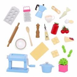 Our Generation, Pasta Party 24-pc Pasta Maker & Play Food Accessories for Kids Ages 3+ 18" Doll Kitchen Set Ravioli Mold Espresso Maker
