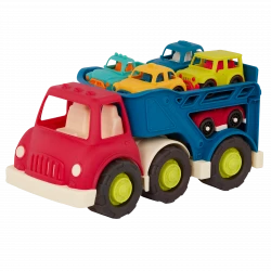B. Toys, Happy Cruisers Car Carrier Toy Truck With 6 Cars Detachable Trailer Two Level Transport Vehicle Toddler Playset 12 Months Motor Skills Pretend Play