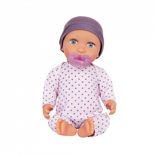LullaBaby, 14 Inch Baby Doll Lilac Polka Dot Pajama Blue Eyes Soft Cuddly Body Removable Pacifier First Baby Doll Gift for Kids 2 Years and Up - Lullababy - Image 5