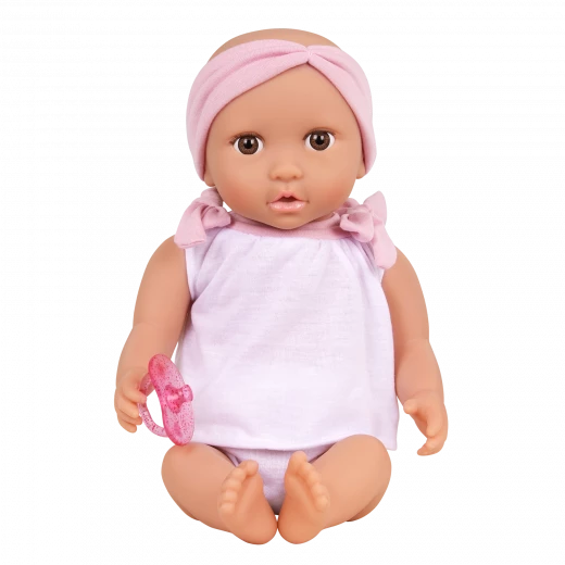 LullaBaby, 14 Inch Baby Doll 2 Piece Outfit Pink Headband Brown Eyes Soft Cuddly Body Removable Pacifier First Baby Doll Gift for Kids 2 Years and Up - Lullababy - Image 6