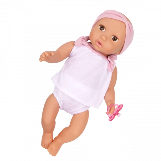 LullaBaby, 14 Inch Baby Doll 2 Piece Outfit Pink Headband Brown Eyes Soft Cuddly Body Removable Pacifier First Baby Doll Gift for Kids 2 Years and Up - Lullababy - Image 4