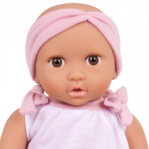 LullaBaby, 14 Inch Baby Doll 2 Piece Outfit Pink Headband Brown Eyes Soft Cuddly Body Removable Pacifier First Baby Doll Gift for Kids 2 Years and Up - Lullababy - Image 2