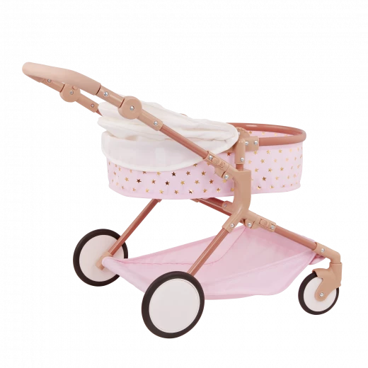 LullaBaby, Double doll stroller for children, pink with gold star pattern, adjustable handles, swivel front wheels, foldable canopy, removable storage basket, durable and safe materials. Ideal for children 2 years and up to play with - Lullababy - Image 2