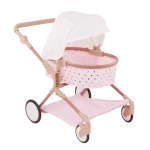 LullaBaby, Double doll stroller for children, pink with gold star pattern, adjustable handles, swivel front wheels, foldable canopy, removable storage basket, durable and safe materials. Ideal for children 2 years and up to play with - Lullababy