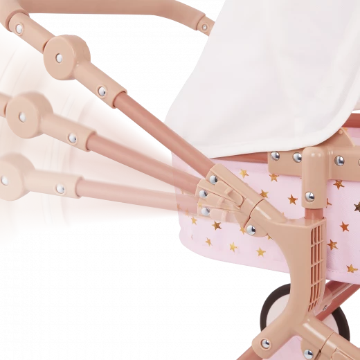 LullaBaby, Double doll stroller for children, pink with gold star pattern, adjustable handles, swivel front wheels, foldable canopy, removable storage basket, durable and safe materials. Ideal for children 2 years and up to play with - Lullababy - Image 3
