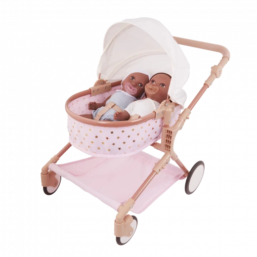 LullaBaby, Double doll stroller for children, pink with gold star pattern, adjustable handles, swivel front wheels, foldable canopy, removable storage basket, durable and safe materials. Ideal for children 2 years and up to play with - Lullababy - Image 4