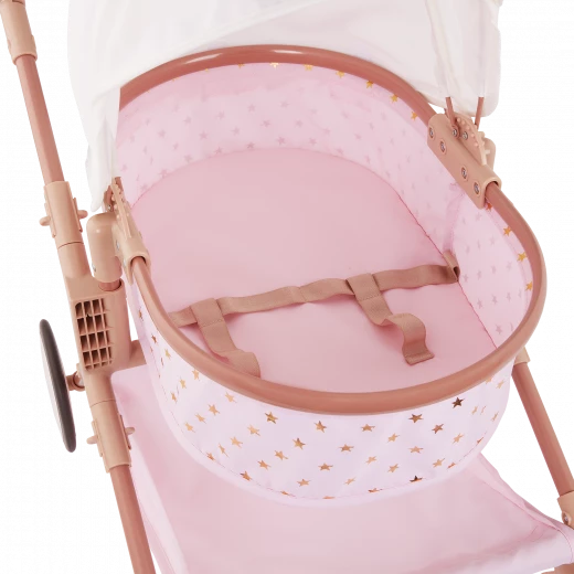 LullaBaby, Double doll stroller for children, pink with gold star pattern, adjustable handles, swivel front wheels, foldable canopy, removable storage basket, durable and safe materials. Ideal for children 2 years and up to play with - Lullababy - Image 5