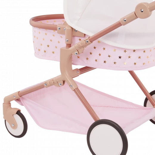 LullaBaby, Double doll stroller for children, pink with gold star pattern, adjustable handles, swivel front wheels, foldable canopy, removable storage basket, durable and safe materials. Ideal for children 2 years and up to play with - Lullababy - Image 6