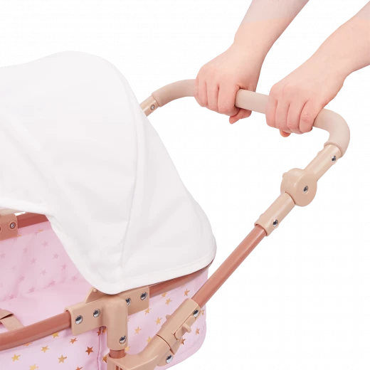 LullaBaby, Double doll stroller for children, pink with gold star pattern, adjustable handles, swivel front wheels, foldable canopy, removable storage basket, durable and safe materials. Ideal for children 2 years and up to play with - Lullababy - Image 7
