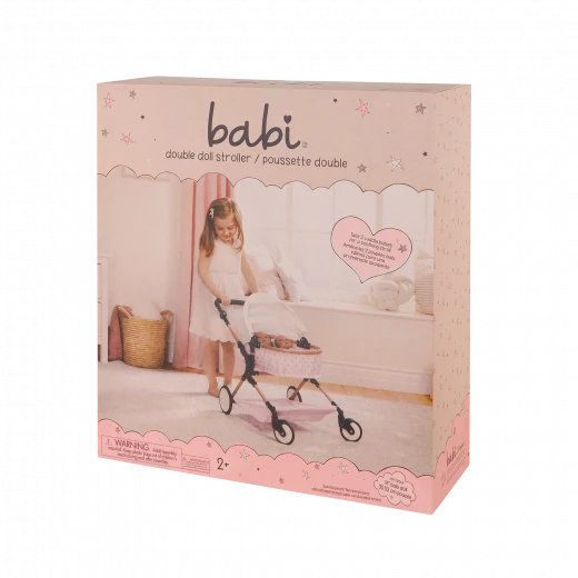 LullaBaby, Double doll stroller for children, pink with gold star pattern, adjustable handles, swivel front wheels, foldable canopy, removable storage basket, durable and safe materials. Ideal for children 2 years and up to play with - Lullababy - Image 8