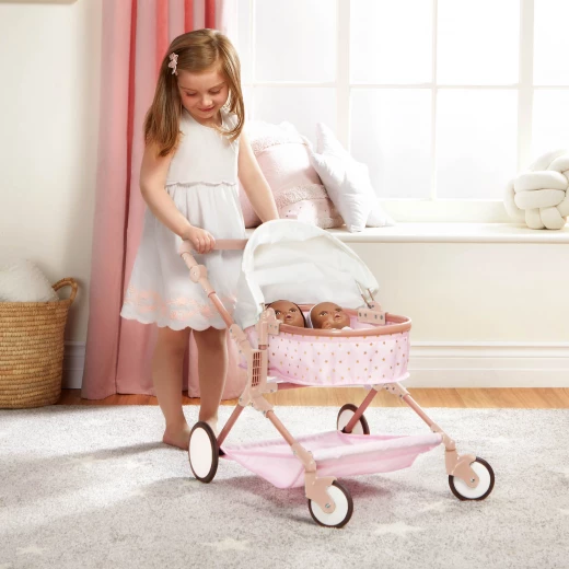 LullaBaby, Double doll stroller for children, pink with gold star pattern, adjustable handles, swivel front wheels, foldable canopy, removable storage basket, durable and safe materials. Ideal for children 2 years and up to play with - Lullababy - Image 10