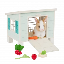 Our Generation, Bunny Hutch Playset with Plush Rabbit & Pet House for Kids Ages 3+ 18" Doll Accessories Food Bowl Carrot Lettuce Radishes