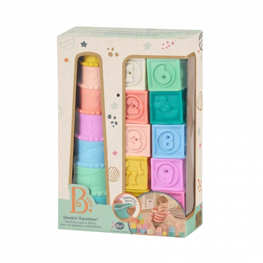 B. Toys, Stacking Cups and Soft Baby Blocks Stackin’ Squishies for Babies 6 Months and Up with 17 Sensory Pieces Numbers Shapes Animals Chew-Friendly Bath Play B. Toys, Stacking Cups and Soft Baby Blocks Stackin’ Squishies for Babies 6 Months and Up with 17 Sensory Pieces Numbers Shapes Animals Chew-Friendly Bath Play