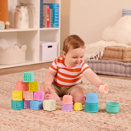 B. Toys, Stacking Cups and Soft Baby Blocks Stackin’ Squishies for Babies 6 Months and Up with 17 Sensory Pieces Numbers Shapes Animals Chew-Friendly Bath Play - B. toys - Image 6