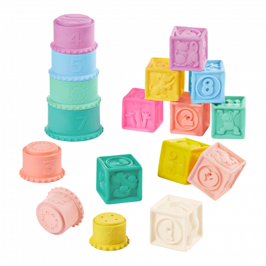 B. Toys, Stacking Cups and Soft Baby Blocks Stackin’ Squishies for Babies 6 Months and Up with 17 Sensory Pieces Numbers Shapes Animals Chew-Friendly Bath Play - B. toys - Image 8