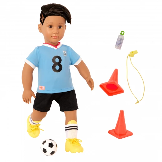 Our Generation, Mateo 46 cm Soccer Boy Doll with Soccer Uniform Number 8 Jersey Black Shorts Yellow Cleats Shin Guards Soccer Ball Training Cones Whistle and Water Bottle, Poseable Doll with Brown Eyes and Dark Brown Hair for Kids Age 3+ - Our Generation - Image 2