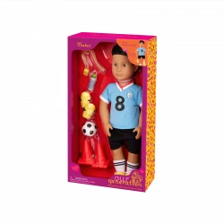 Our Generation, Mateo 46 cm Soccer Boy Doll with Soccer Uniform Number 8 Jersey Black Shorts Yellow Cleats Shin Guards Soccer Ball Training Cones Whistle and Water Bottle, Poseable Doll with Brown Eyes and Dark Brown Hair for Kids Age 3+