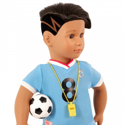 Our Generation, Mateo 46 cm Soccer Boy Doll with Soccer Uniform Number 8 Jersey Black Shorts Yellow Cleats Shin Guards Soccer Ball Training Cones Whistle and Water Bottle, Poseable Doll with Brown Eyes and Dark Brown Hair for Kids Age 3+ - Our Generation - Image 5