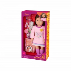 Our Generation, Finley 18 Inch Doll with 50+ Colorful Stickers and Pop-It Fidget Sticker Book, Violet Opening and Closing Eyes, Wavy Light Brown Hair, Pink Dress with Rainbow Trim and Accessories, Gift for Kids Age 3+