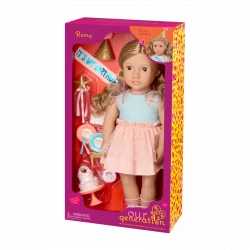 Our Generation, Romy 18 Inch Birthday Party Doll with Party Dress Hat Sash Star Wand Two Tier Birthday Cake Cake Stand Removable Slice Candle Plates Forks and Gift Box, Poseable Doll with Dark Brown Eyes and Dark Blonde Hair for Kids Age 3+