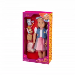 Our Generation, Evie 18 Inch School Doll with Backpack and School Accessories Including Notebook Pencil Sharpener Water Bottle Lunch Bag Veggies and Sandwiches, Blonde Hair, Rainbow Tulle Dress, Denim Style Vest and Pink Shoes for Kids Age 3+