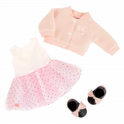 Our Generation, Ballet Academy Varsity Jacket & Dress Outfit for Kids Ages 3+ 18" Doll Clothes Pink Jacket Confetti Dress Bow Shoes