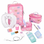Our Generation, Purrfectly Packed 19-pc Kitty-Print Luggage & Travel Accessories for Kids Ages 3+ 18" Doll Passport Music Player Headphones - Our Generation