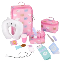 Our Generation, Purrfectly Packed 19-pc Kitty-Print Luggage & Travel Accessories for Kids Ages 3+ 18" Doll Passport Music Player Headphones