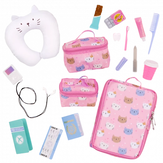 Our Generation, Purrfectly Packed 19-pc Kitty-Print Luggage & Travel Accessories for Kids Ages 3+ 18" Doll Passport Music Player Headphones - Our Generation - Image 5