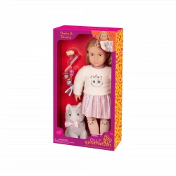 Our Generation, Sheela 18-inch Doll with Pet Cat Plush Sammy and Animal Care Accessories Set, Fuzzy Sweater Sparkly Pink Skirt Kitty Leggings Outfit, 18 Inch Doll Toy for Kids Ages 3+