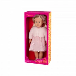 Our Generation, Miranda 18-Inch Fashion Doll in Pink Shimmery Dress with Tulle Overlay, Pink Faux-Fur Jacket, Large Bow Headband with Golden Stars, Light-Blue Eyes That Open and Close, Light-Blonde Brushable Hair, Soft Body Dress-Up Doll for Kids Age 3+