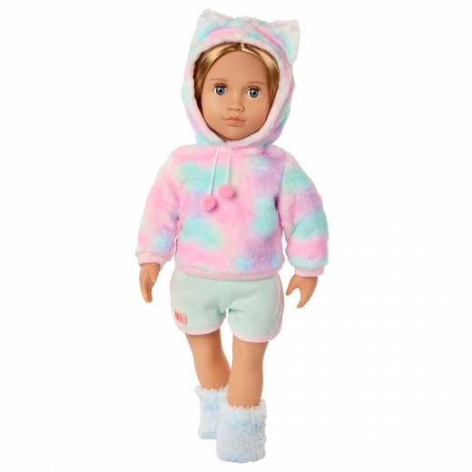 Our Generation, Mandy 18" Doll with Cat-Themed Pajama Outfit for Kids Ages 3+ Gray Eyes Closing Plush Pajamas Hood with Cat Ears - Our Generation - Image 2