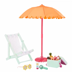 Our Generation, Sunny & Cool Patio Set Outdoor Furniture & Accessories for Kids Ages 3+ 18" Doll Chair Umbrella Cooler Sunglasses