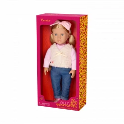 Our Generation, Emmie 18-inch Fashion Doll with Light-Blue Eyes That Open and Close, Long Light-Blonde Hair for Styling, Faux-Shearling Vest Outfit, Pink Bow Headband, Denim-Style Pants, Soft Huggable Body Doll for Kids Age 3+