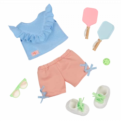 Our Generation, Serve with Love Pickleball Outfit & Accessories for Kids Ages 3+ 18" Doll Clothes Ruffle Top Shorts Paddles Ball