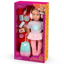Our Generation, Linzi 46 cm Travel Doll with Cat Ear Rolling Luggage Reversible Sequin Heart Top Pink Pants Cat Ear Headphones Passport Boarding Pass Pretend Game Console Travel Drink and Accessories for Kids Age 3+