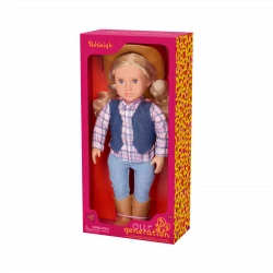 Our Generation, Ashleigh 18-Inch Cowgirl Doll with Cowboy Hat, Plaid Top, Denim Style Vest and Pants, Tall Riding Boots with Stars and Hearts, Brushable Light Blonde Hair, Gray Eyes That Open and Close, Soft Body Dress-Up Doll for Kids Age 3+