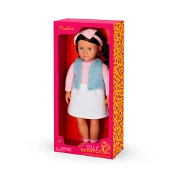 Our Generation, Paulina 46 cm Fashion Doll with Pink Sweater Skirt Outfit and Faux Fur Vest, Oversized Hair Bow Stylish Dress Up Doll with Shoes for Kids Ages 3+