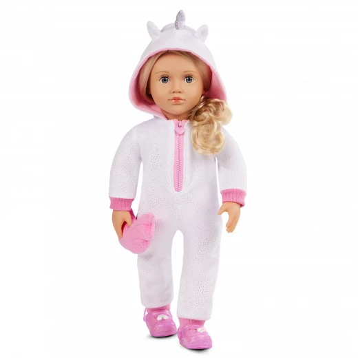 Our Generation, Lilian 46 cm Unicorn Pajama Doll with Zip-Up Unicorn Onesie, Wing-Shaped Plush Pillow, Rainbow and Unicorn Shoe Charms, Light Blonde Brushable Hair, Gray Eyes That Close for Sleep, Soft Body Doll for Kids Age 3+ - Our Generation - Image 2