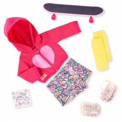 Our Generation, Skate into Fun Skateboarding Outfit & Accessories for Kids Ages 3+ 18" Doll Clothes Hoodie Skort Shoes Skateboard