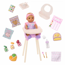 Our Generation, Baby Emilia 8" Doll & Mealtime Feeding Accessories for Kids Ages 3+ Interactive Bottle High Chair Food Jars