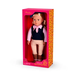 Our Generation, Presley 18-Inch Horseback Riding Doll with Stylish Hair Bow, Neck Scarf with Golden Horseshoe Pattern, Tall Cowgirl Boots, Gray Eyes That Open and Close, Light Blonde Brushable Hair, Soft Body Dress-Up Doll for Kids Age 3+