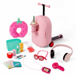 Our Generation, Packed for Adventures Doll Scooter Suitcase Travel Set for Kids Ages 3+ 18" Doll Accessories 20 Piece Luggage Pillow Headphones