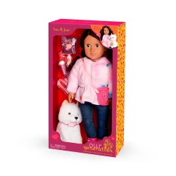 Our Generation, Ines 18 Inch Doll and Jojo Pomeranian Puppy Plush Set with Outfit Crossbody Bag Dog Treats Bone Toy Drink Cup and Accessories for Kids Age 3+