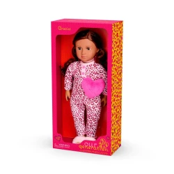 Our Generation, Gracia 46 cm Slumber Party Doll with Pink Leopard Print Pajama Onesie, Heart Plush Pillow and Fluffy Slippers Outfit, Bedtime Doll Toy for Kids Ages 3+